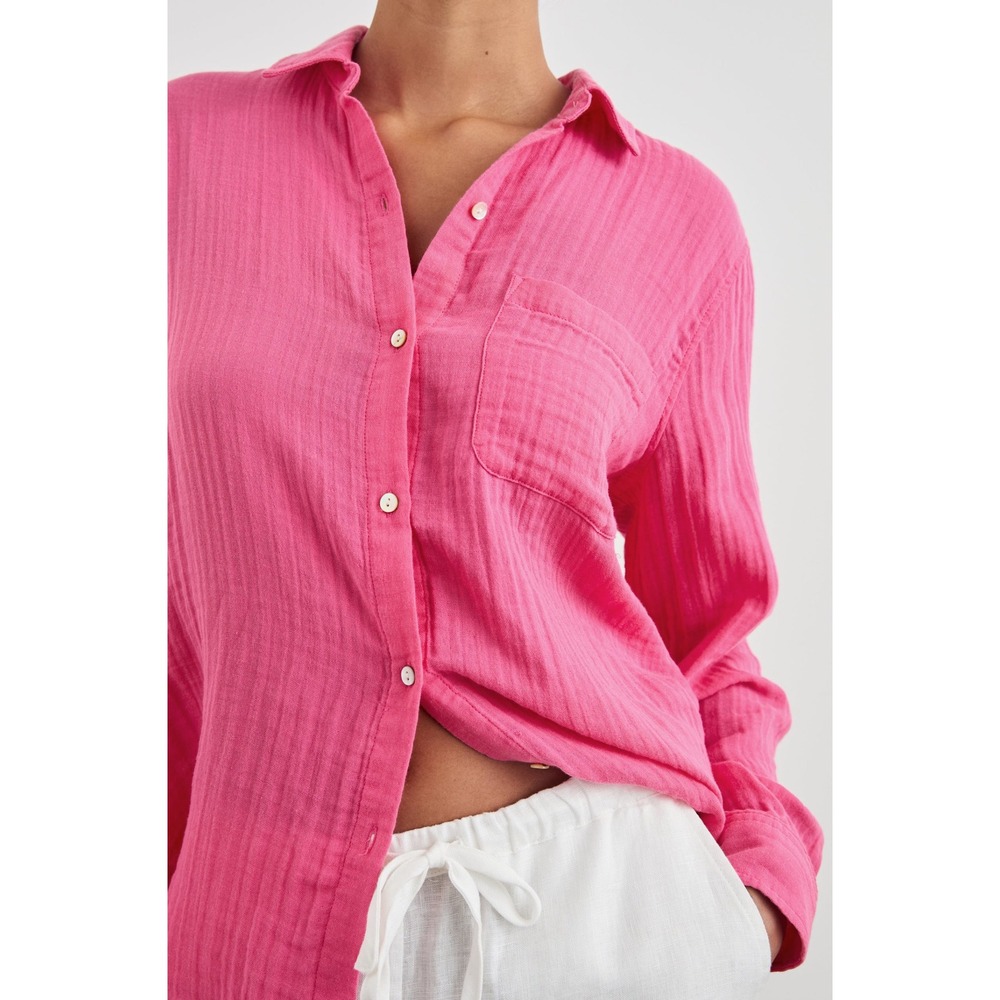 Rails Ellis Fuchsia Pink Organic Cotton Double Gauze Button Down Shirt Large - Picture 2 of 8